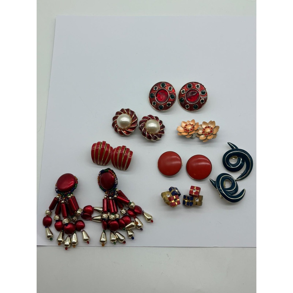 Vintage Clip On Earrings Lot 8 Pairs Red Gold Blue Retro 80s 90s Statement Studs